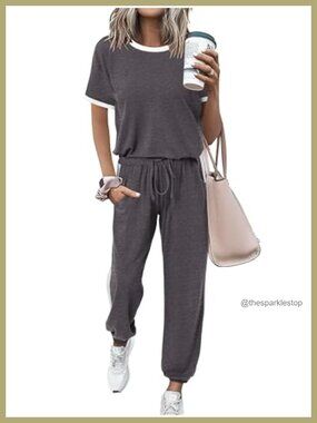 2 Piece Lounge Set Short Sleeve Jogger Pants Polyester Blend